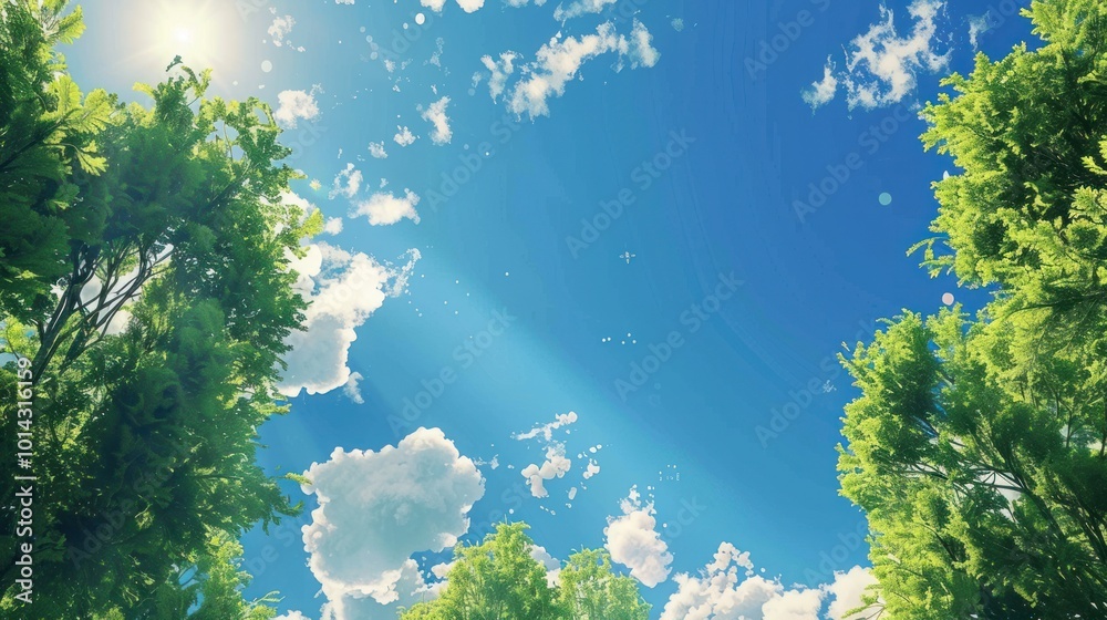 View of the sky framed by green tree leaves on a sunny day. Nature and outdoor concept. View of the sky framed by green tree leaves on a sunny day. Nature and outdoor concept.