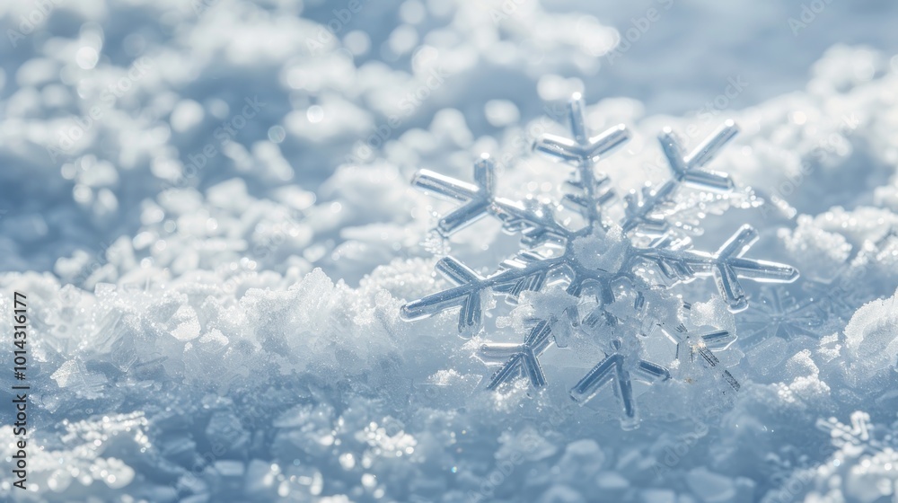Close-up of a snowflake resting on fresh snow. Macro photography for winter and holiday design. Close-up of a snowflake resting on fresh snow. Macro photography for winter and holiday design.