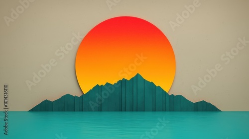 Minimalist Sunset Landscape with Mountains and Water   Abstract Art Design photo