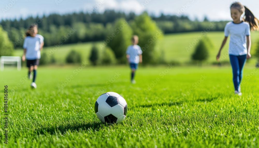 Fototapeta premium students playing soccer on a vibrant green field during recess, bright sunlight, joyful back to school moment, Children play soccer on a sunny day, showcasing outdoor activity and teamwork.