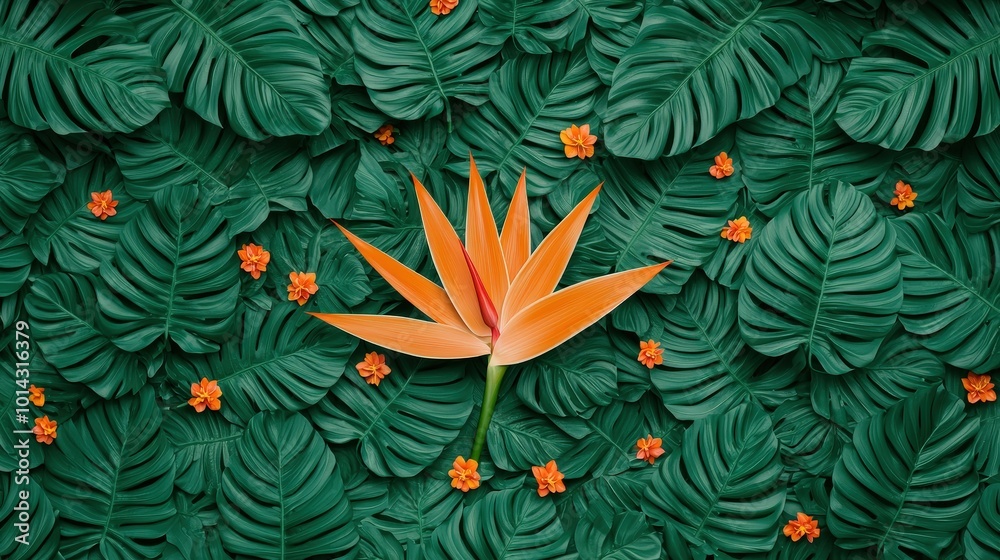 Naklejka premium Tropical Paradise Flower Arrangement with Monstera Leaves