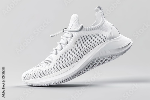 White sneaker with modern design floating on a plain background. Product mockup for footwear design. photo