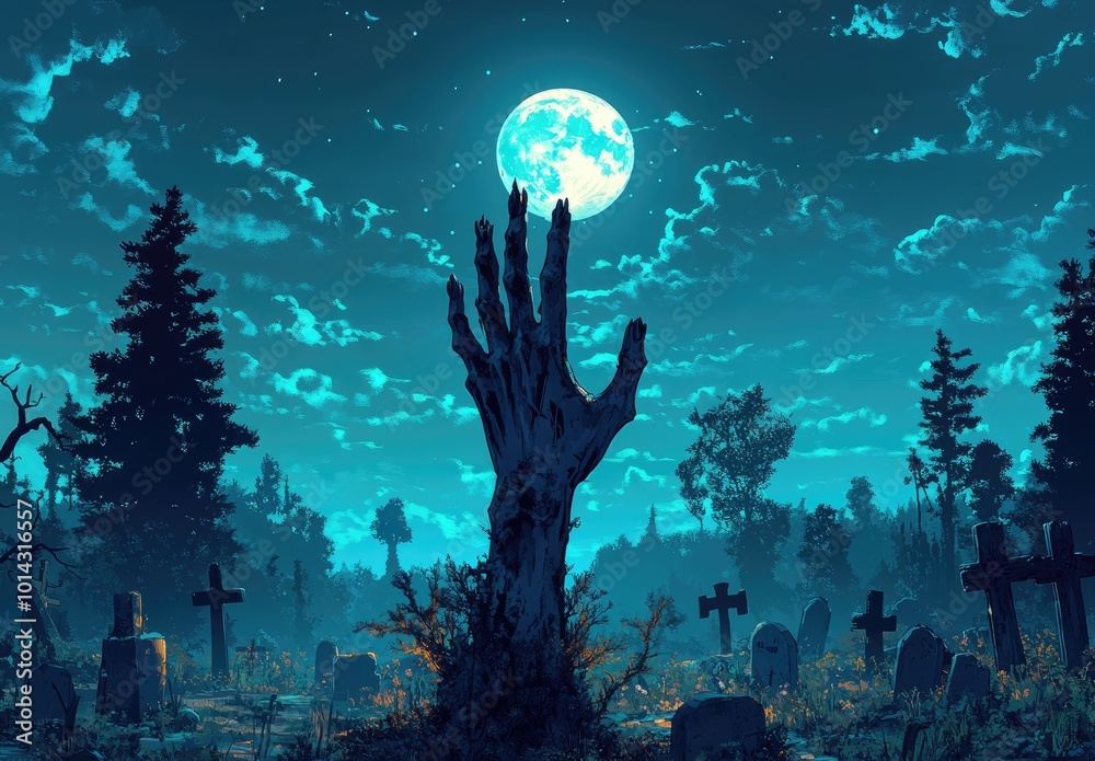 Fototapeta premium Halloween Scene with Dead Hand Emerging from the Ground