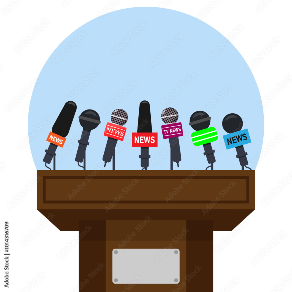 © antoniofrancois - Press conference podium. Tribune for debate speaker with journalist microphone. Platform for interview or public announcement vector concept