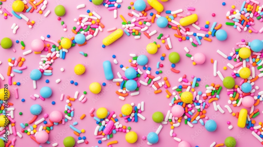 Colorful sprinkles scattered on pink background. Fun and vibrant candy decorations for design. Colorful sprinkles scattered on pink background. Fun and vibrant candy decorations for design.