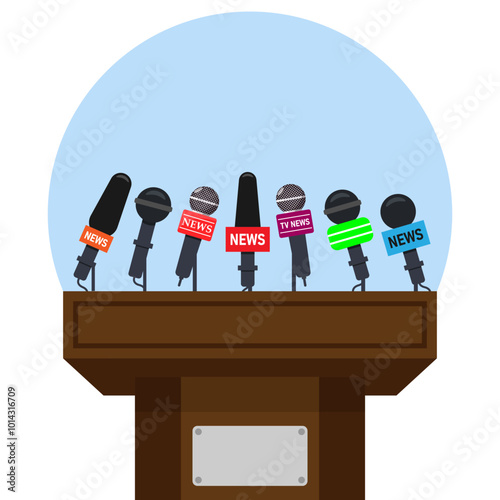 Press conference podium. Tribune for debate speaker with journalist microphone. Platform for interview or public announcement vector concept