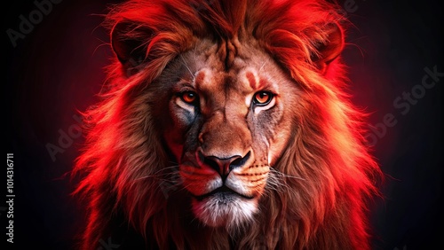 A powerful lion with a fiery mane stares intensely into the camera, its piercing gaze reflecting the crimson light that illuminates its face.