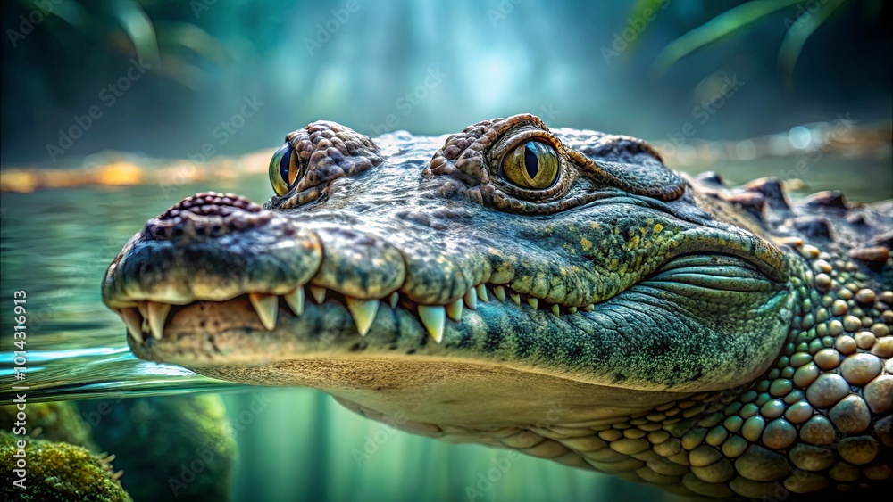Fototapeta premium A close-up portrait of a crocodile's head with its eyes peering out from the water, revealing the sharp teeth and textured scales of its skin