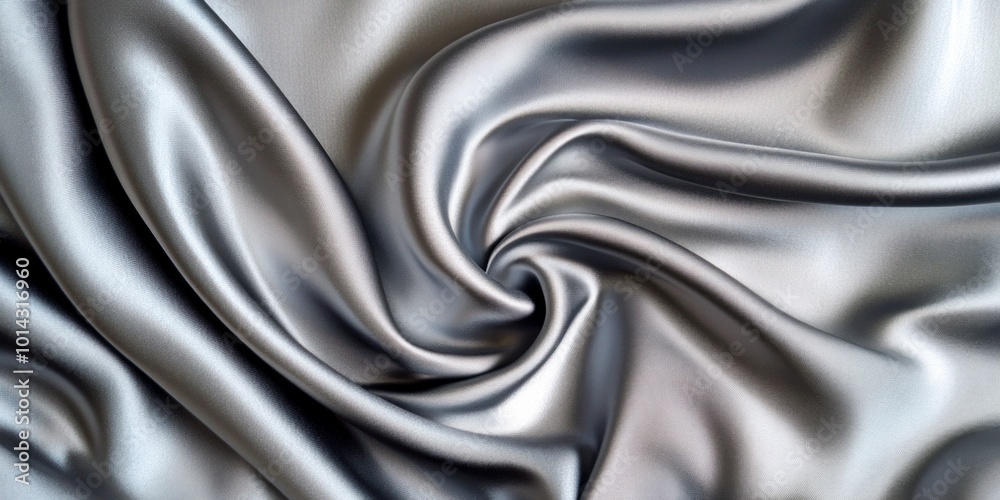 Obraz premium A stunning swirl of silver satin fabric creates a captivating visual. The soft texture adds elegance and sophistication. Perfect for fashion, textile, or design projects. AI
