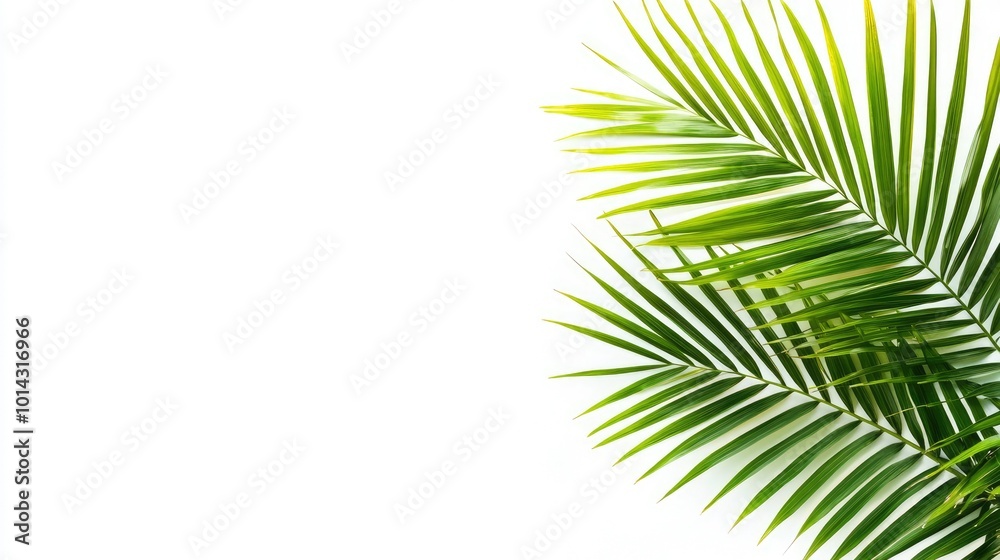 Fototapeta premium Two palm tree fronds on a white background, corner arrangement.