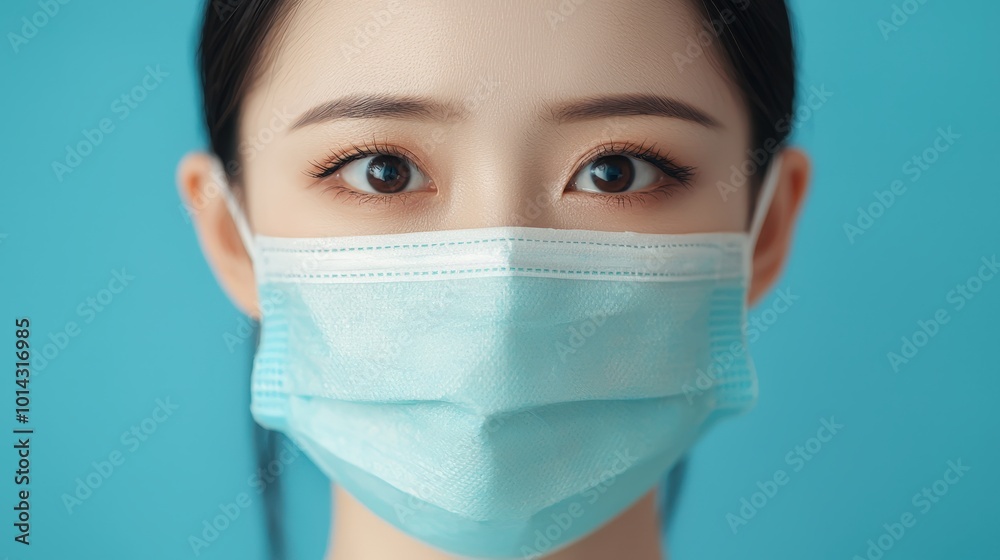 Woman Wearing a Medical Face Mask Close Up Portrait with Blue Background Woman Wearing a Medical Face Mask Close Up Portrait with Blue Background