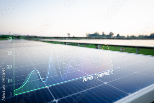 Solar panel are shown with a superimposed graph that tracks renewable power generation. Graph display fluctuating data, highlighting the variation in energy output, promoting renewable energy sources