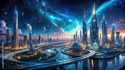 A breathtaking, panoramic view of a futuristic metropolis, where grand, sweeping curves of bioluminescent structures dominate the skyline, set against a deep, starry night sky.