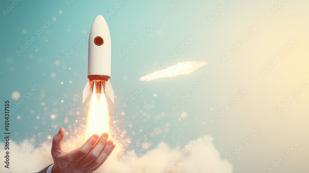 Fototapeta premium Business Growth Concept Rocket Launching from Hand