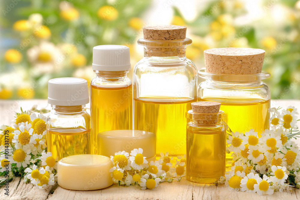 A variety of essential oils arranged with fresh herbs and flowers on a rustic table, highlighting natural healing A variety of essential oils arranged with fresh herbs and flowers on a rustic table, highlighting natural healing