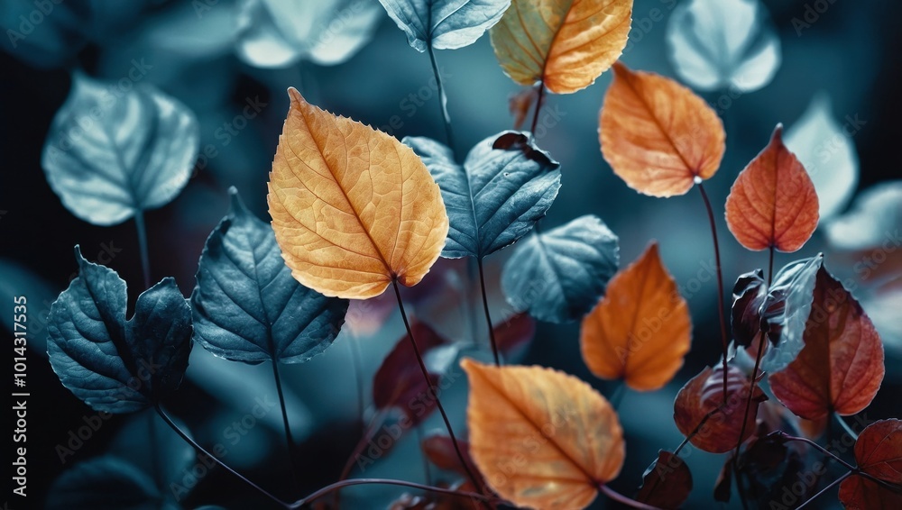 Close-up of vibrant fall leaves with autumn colors against dark background