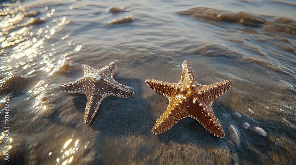 Two starfish on the beach at low tide, with gentle waves lapping around them. Two starfish on the beach at low tide, with gentle waves lapping around them.