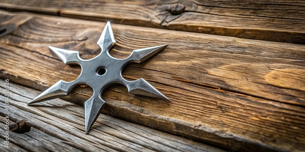 A six-pointed steel throwing star rests on a weathered wooden surface, its sharp points gleaming against the rustic backdrop. A six-pointed steel throwing star rests on a weathered wooden surface, its sharp points gleaming against the rustic backdrop.