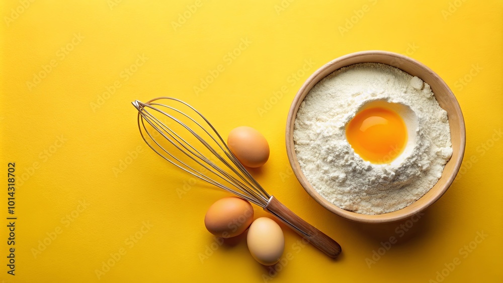 A bowl of flour with a cracked egg in the center, surrounded by three whole eggs and a whisk, all against a bright yellow background. A bowl of flour with a cracked egg in the center, surrounded by three whole eggs and a whisk, all against a bright yellow background.
