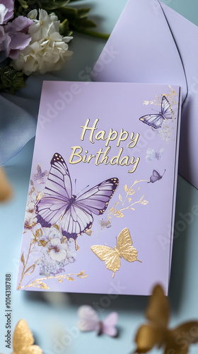 Elegant Butterfly-Themed Happy Birthday Card Mockup in Soft Purples