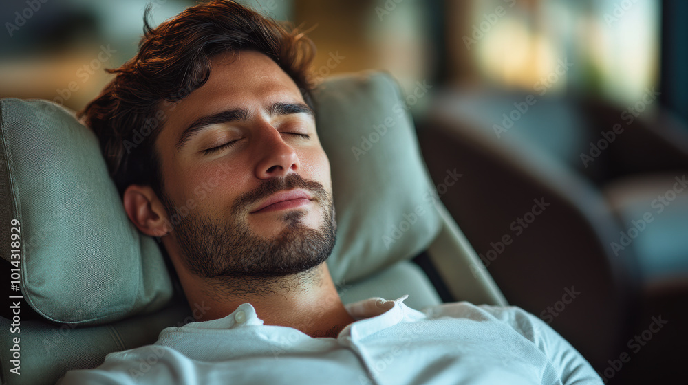 Man reclining in a chair, A relaxed man resting comfortably in a cozy chair, embodying tranquility and calmness in a modern interior setting. Man reclining in a chair, A relaxed man resting comfortably in a cozy chair, embodying tranquility and calmness in a modern interior setting.