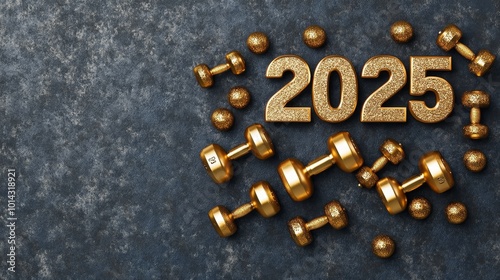 Golden 2025 New Year Celebration with Dumbbells: Fitness, Strength, and Health Goals in Sparkling Style, copy space