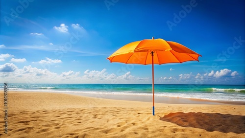 A single orange beach umbrella stands tall against a backdrop of azure sky, fluffy white clouds, and the tranquil turquoise waters of the ocean, inviting relaxation and escape.