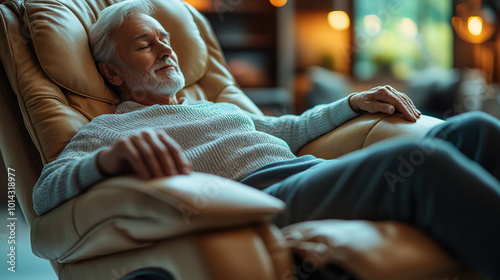 Person reclining in an armchair with hands resting on the armrests, A relaxed senior man enjoying leisure time in a modern recliner, surrounded by a cozy living space, exuding comfort and tranquility.