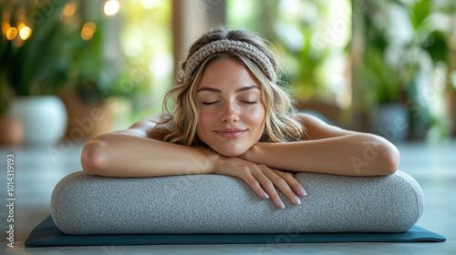 A woman relaxing with her hands resting on a yoga bolster, A serene woman practicing relaxation techniques in a peaceful environment, emphasizing mindfulness and inner tranquility. photo