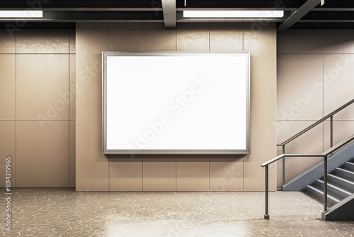 Fototapeta Naklejka Na Ścianę i Meble -  Blank billboard mockup on wall beside stairs in subway station. 3D Rendering