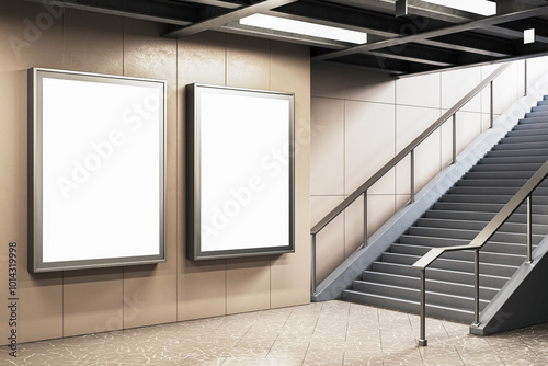 Fototapeta Naklejka Na Ścianę i Meble -  Blank advertising posters on subway wall with staircase. 3D Rendering