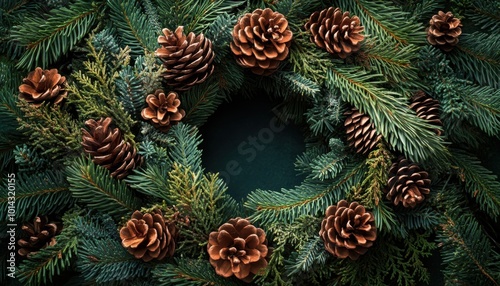 Elegant Evergreen Christmas Wreath with Pinecones and Soft Lighting, Festive Holiday Decoration for Your Door or Tabletop