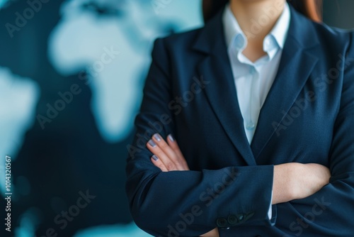 A confident businesswoman with crossed arms stands in front of a blurred world map, symbolizing global leadership, strategy, and professionalism.