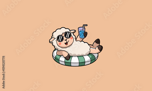 Sheep lounging on a float with sunglasses and a drink.