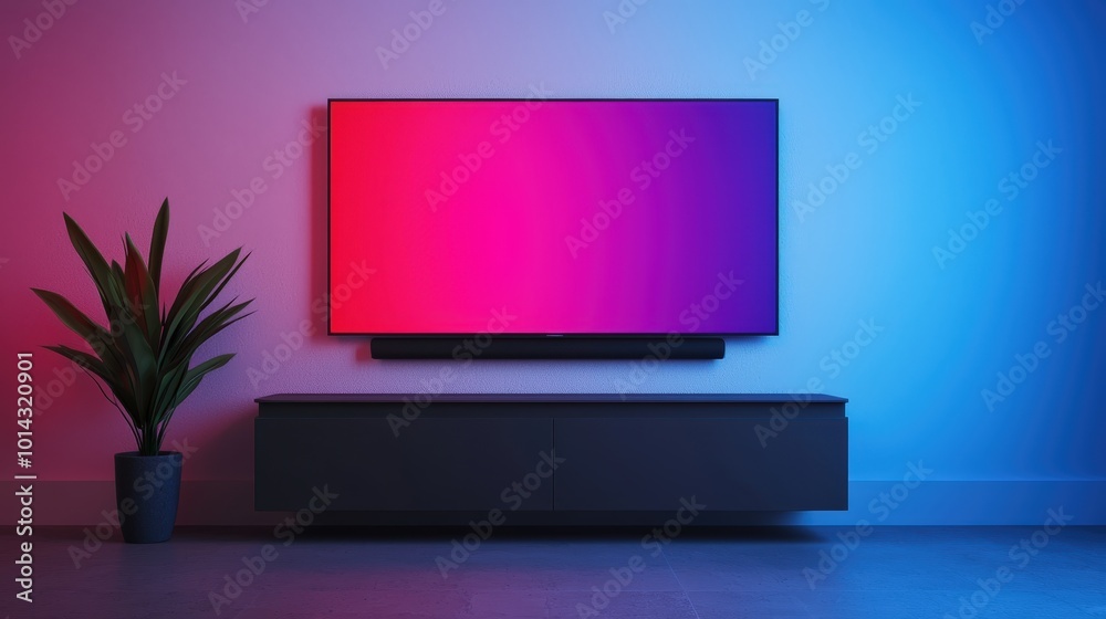 Modern Living Room with Wall Mounted TV Soundbar and Plant Modern Living Room with Wall Mounted TV Soundbar and Plant