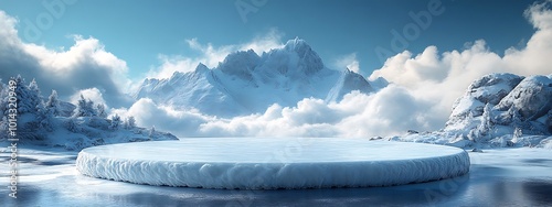  Ice podium background snow winter product platform cold mountain 3D. Podium ice display background cosmetic sky floor blue scene landscape frozen white cool stand pedestal minimal rock glacier nature