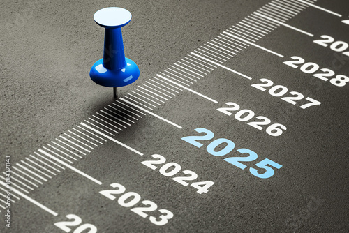 Blue Pin on 2025 Timeline Concept, Closeup, Business Strategy Background. 3D Rendering