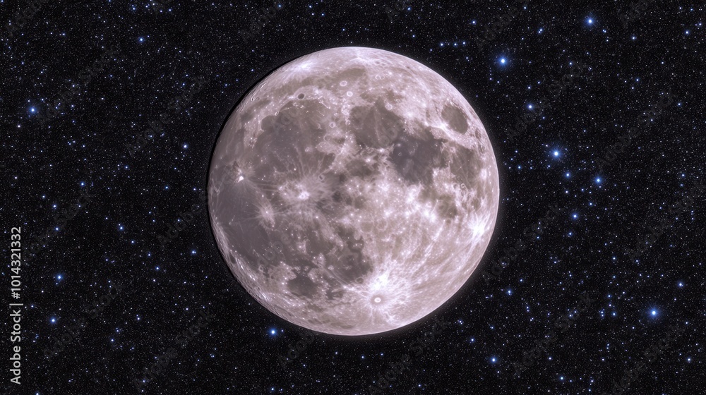 Fototapeta premium The radiant full moon shines brightly against a backdrop of countless stars, creating a serene night atmosphere