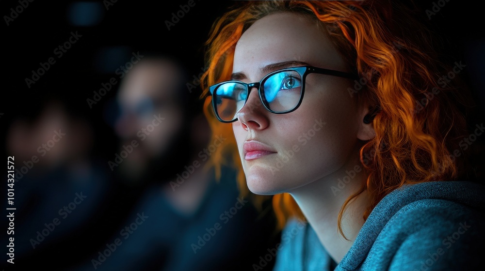Focused Woman Programmer Working Late at Night in Office Focused Woman Programmer Working Late at Night in Office