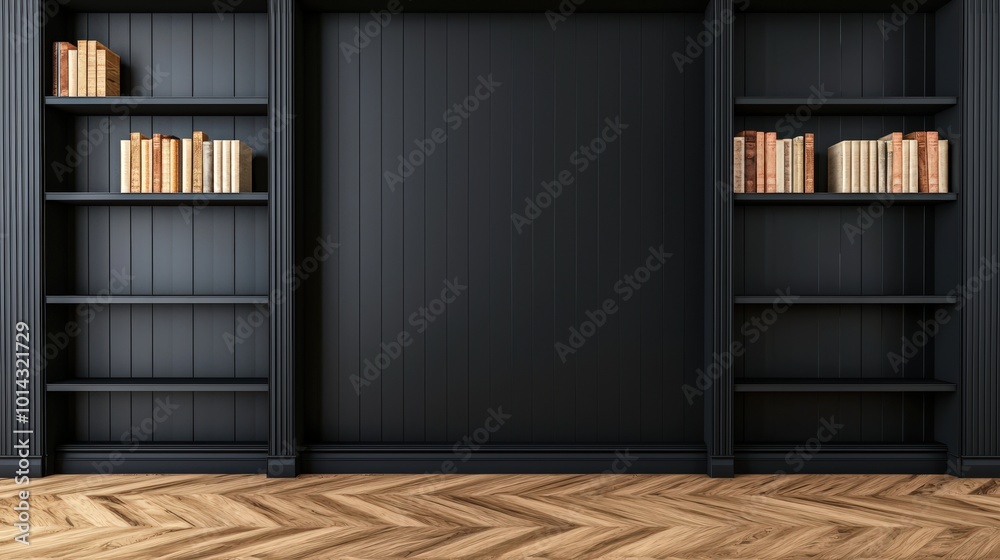 Modern Classic Black Interior Design with Bookshelves and Wooden Floor Modern Classic Black Interior Design with Bookshelves and Wooden Floor