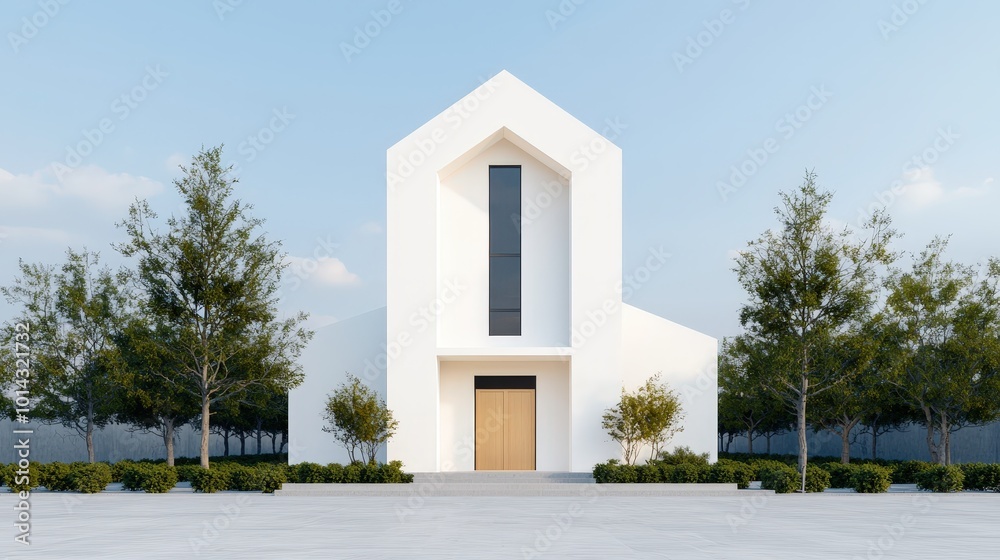 Modern White Church with Wooden Doors and Lush Greenery Modern White Church with Wooden Doors and Lush Greenery