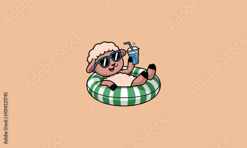Sheep lounging on a float with sunglasses and a drink.