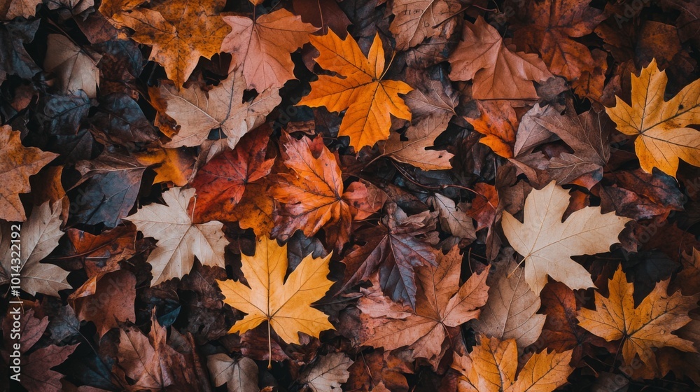 A close-up view of fallen autumn leaves in various shades of red, orange, and yellow. A close-up view of fallen autumn leaves in various shades of red, orange, and yellow.