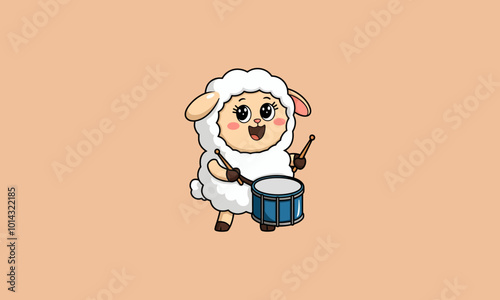 Sheep playing a drum with drumsticks, happy expression.