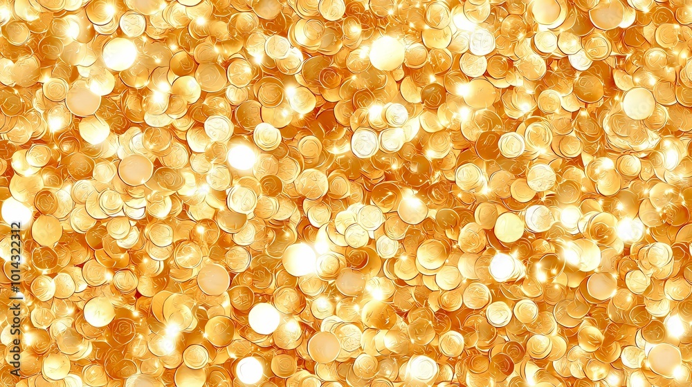 The image depicts a close-up view of a pile of glittering gold coins. The image depicts a close-up view of a pile of glittering gold coins.
