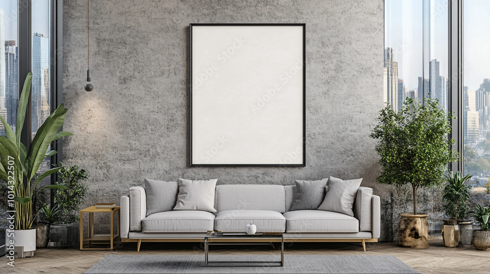 Modern living room with minimalist design, large windows, and city view in daylight Modern living room with minimalist design, large windows, and city view in daylight