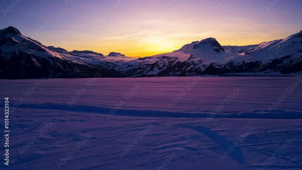 A stunning snow-covered mountain range bathed in the early morning light. The sun rises behind the peaks casting a warm purple and golden glow over the expansive landscape. A stunning snow-covered mountain range bathed in the early morning light. The sun rises behind the peaks casting a warm purple and golden glow over the expansive landscape.