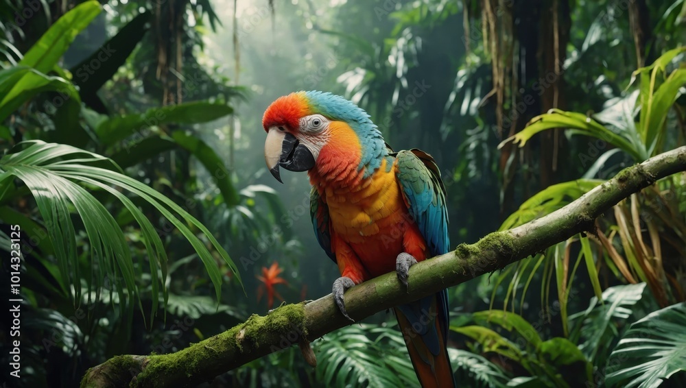 Obraz premium Colorful parrot perched on branch amidst lush green foliage in a tropical jungle
