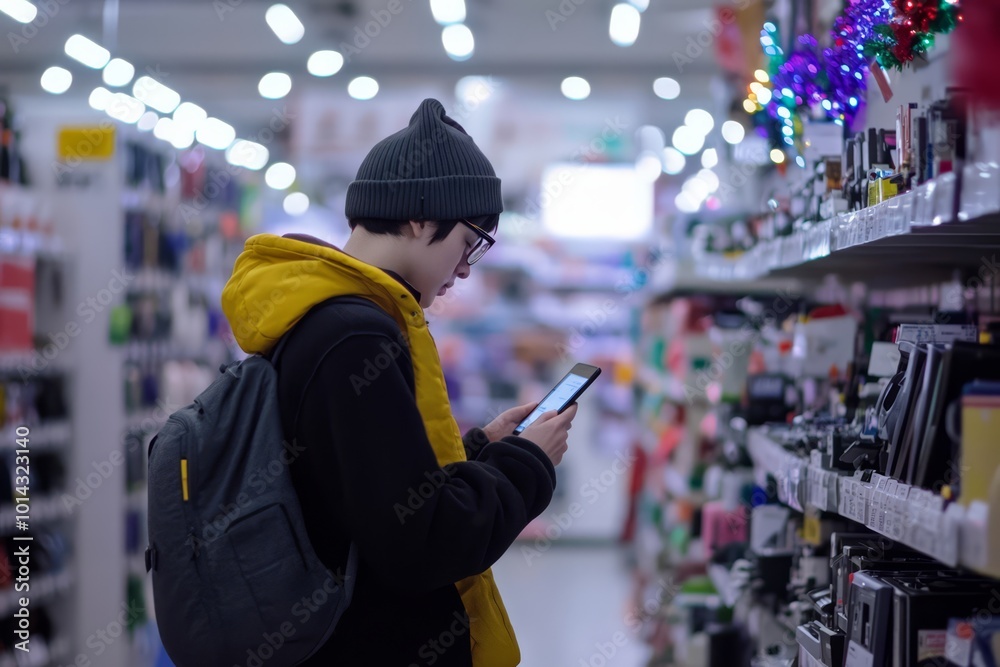 Tech-Savvy Shopper Exploring Electronics Aisle in Modern Retail Store Tech-Savvy Shopper Exploring Electronics Aisle in Modern Retail Store
