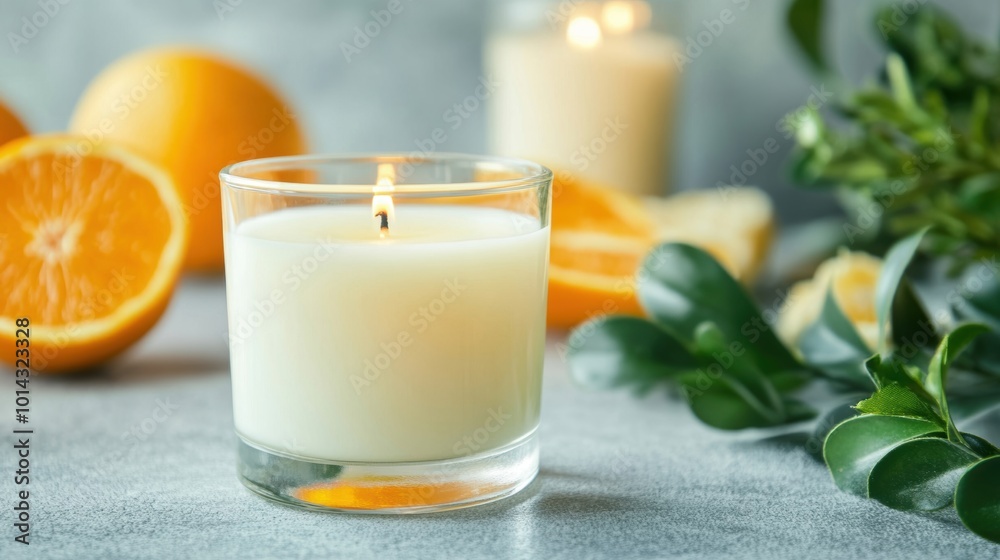 A scented candle burns gently among fresh oranges and green leaves, creating a refreshing and uplifting atmosphere A scented candle burns gently among fresh oranges and green leaves, creating a refreshing and uplifting atmosphere